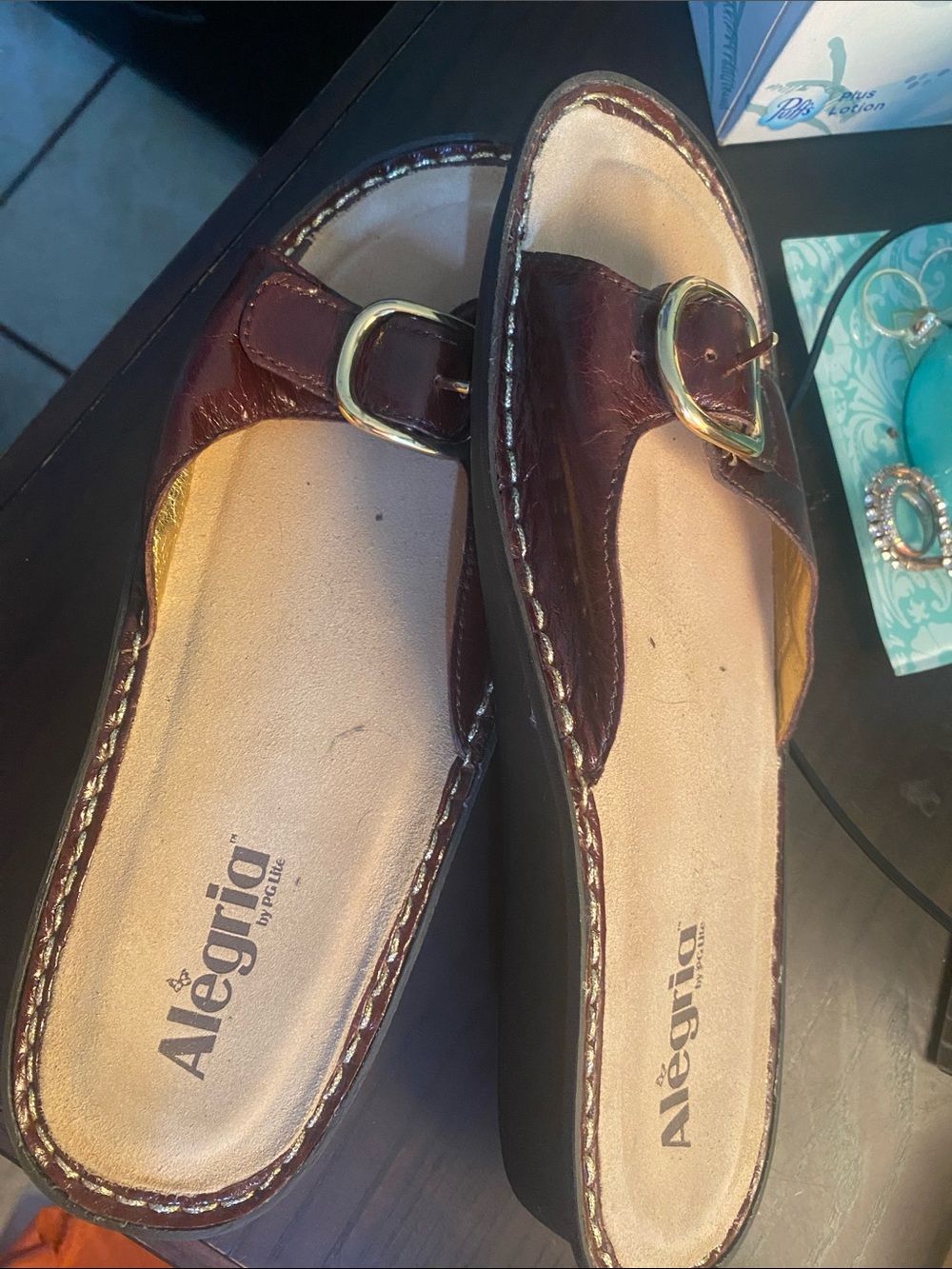 Alegria Women's Burgundy Leather Slip-On Mules with Gold Buckle